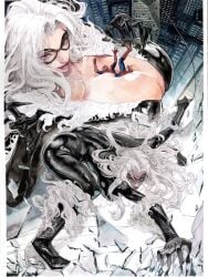 1boy 1girls artist_request ass bending_forward bending_over black_cat_(marvel) black_clothing boobs breasts clawed_fingers claws cleavage falling_into_breasts felicia_hardy giant_breasts giantess high_heels licking_lips looking_at_viewer marvel marvel_comics skintight skintight_bodysuit smaller_male spider-man spider-man_(series) white_hair