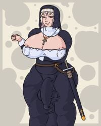 1futa anemic_anemone anemone_antimony areolae areolae_slip balls blonde_hair boob_window breasts bulge chubby chubby_belly cleavage clothed curvy deep_cleavage futa_only futanari hair_highlights huge_breasts huge_cock intersex inverted_nipples light_skin nipples nun nun's_habit nun_outfit original original_character penis penis_bulge plump red_eyes skindentation solo sword tagme thick_thighs two-tone_hair weapon