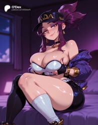 1girl 1girls absurd_res absurdres ai_generated akali akali_(league_of_legends) ass asymmetrical_clothes asymmetrical_legwear bare_shoulders baseball_cap bed belt big_ass big_breasts black_choker black_gloves blurred_background blurry_background blush bracelet breast_hold breast_lift breasts cartoon cartoony choker cleavage crop_top cropped_jacket depth_of_field earrings eyeshadow female female_focus fingerless_gloves gloves grabbing_own_breast hair_through_headwear hat hi_res high_quality high_resolution highres indoors jacket jewelry k/da_akali k/da_series kda_akali kneehighs large_ass large_breasts league_of_legends lips long_hair looking_at_viewer makeup mismatched_legwear nail_polish naughty_face necklace odexai off_shoulder official_alternate_costume on_bed open_clothes open_jacket ponytail purple_hair purple_jacket purple_nails riot_games shiny_skin shorts sidelocks single_pantsleg single_sock single_thighhigh sitting small_waist smile socks solo solo_focus straight strapless thick_thighs thighhighs thighs thin_waist uneven_legwear wide_hips yellow_eyes
