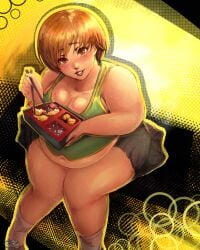 1girls belly chie_satonaka chubby chubby_female cleavage clothed eating fat fat_female feederism feeding looking_at_viewer metrack persona persona_4 satonaka_chie thick thick_thighs thighs