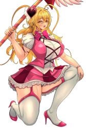 1girl 1girls 2d 2d_(artwork) big_boobs big_breasts blonde_female blonde_hair breasts brown_eyes don_quixote_(limbus_company) female female_focus female_only front_view high_heels light-skinned_female limbus_company long_hair looking_at_viewer massive_boobs massive_breasts open_mouth project_moon queen_of_hatred_(cosplay) skirt solo solo_female tagme thick_thighs thighs wand yellow_hair