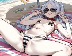 ai_generated alcoholic_drink bikini cameltoe covered_nipples dog_collar flat_chest frieren_beyond_journey's_end glasses juicy_pussy line_art money piercing sand sexy_pose smiley_face summer tongue_out