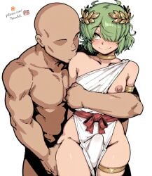 1femboy 2boys ai_generated ancient_greek_clothes armlet blush_lines bulge choker collarbone erection_under_clothes faceless_male femboy femboysub hair_over_one_eye hug_from_behind laurel_crown looking_at_partner male nipple oc original_character sash shoulder_kiss smile thigh_grab thigh_strap thronart
