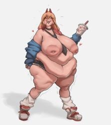 1girls areolae blush blushing boobs breasts chainsaw_man choker chubby chubby_female coat demon demon_girl eyelashes fat heart_symbol horns huge_boobs huge_breasts nude orange_hair partially_clothed power_(chainsaw_man) sharp_teeth shoes simple_background thetatteredsoul tie