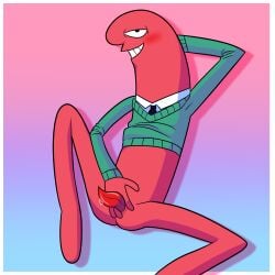 1boy 2026 4_fingers alan_(smiling_friends) allan_(smiling_friends) allan_red ass bald big_nose blush bottomless bottomless_male cartoony cel_shading collared_shirt critter_(smiling_friends) eyes_half_open functionally_nude functionally_nude_male gradient_background hand_on_penis hands_behind_head inviting inviting_to_sex itamigao laying laying_down laying_on_back legs_apart legs_spread looking_at_viewer male_only no_background no_pants no_toes non-human penis penis_between_fingers pinup presenting_penis red_body red_skin seductive seductive_look seductive_smile self_upload shirt signature simple_background slanted_eyes smile smiling smiling_at_viewer smiling_friends solo solo_focus solo_male sweater sweater_lift tentacle_penis tie toony