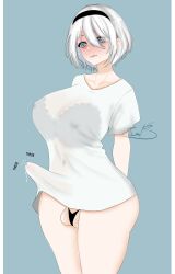 1futa big_breasts blue_eyes blush bottomless breasts bulge erect_penis erection futa_only futanari hairband iandrawsecchi light-skinned_futa light_skin nier nier:_automata penis_under_clothes precum precum_drip precum_through_clothing see-through see-through_clothing short_hair solo tenting white_hair yorha_2b