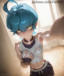 1girl 1girls abs ahoge ai_generated animal_collar aqua_hair arm_tattoo arm_up armpits artist_name backlighting bare_shoulders belt_collar black_choker black_collar black_gloves black_panties black_shorts blue_hair blush borrowed_character breasts brown_choker brown_collar choker closed_mouth collar cowboy_shot crop_top cthoni_andor curtains day deep_skin dolphin_shorts dutch_angle eyelashes fahreit fingerless_gloves fingernails foreshortening freckles gachiakuta gloves grabbing grabbing_own_breast hair_between_eyes highleg highleg_panties indoors looking_at_viewer medium_breasts midriff muscular navel nervous_sweating outstretched_arm panties patreon patreon_username pov reaching reaching_towards_viewer see-through selfie shiny_skin shirt short_hair short_shorts shorts shoulder_tattoo signature sleeveless small_breasts smile solo sports_bra stable_diffusion standing steam steaming_body stomach sunlight sweat sweaty_clothes tank_top tattoo toned underwear very_sweaty wet wet_clothes wet_hair wet_shirt white_shirt white_tank_top window wooden_floor yellow_eyes