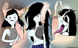 1boy 1girls 2018 adventure_time big_breasts big_penis bite_mark black_hair blue_nipples blush breasts cartoon_network cum cum_in_mouth erect_nipples erection fangs finn_the_human grey_skin head_grab highres incogneato interspecies long_ears long_hair long_tongue marceline nervous nipples one_breast_out oral pale-skinned_male pale_skin penis penis_on_cheek short_hair sweat vampire