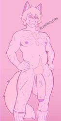 alternate_version_available bara bluntskeleton_(artist) boyfriend_to_death btd chest_tuft colorful_background fox_ears fox_tail gay hairy hairy_balls hairy_legs hairy_male hyper_penis line_art pink redesign ren_hana saggy_balls scars scars_all_over short_hair socks solo standing twink wip you_kill_me_every_time