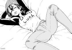 2025 arms_behind_head bandaid beanie big_breasts black_and_white drooling izumo_fuuko jeans legs_spread ripped_pants sleeping stayaliveplz undead_unluck