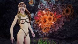 1girls aloy bare_breasts bare_nipples bondage bondage_outfit breasts female female_only game_screenshot ginger_hair green_eyes horizon_forbidden_west horizon_zero_dawn looking_at_viewer medium_breasts nude_female nude_mod rope_bondage ropes smiling smiling_at_viewer standing toned toned_female tribal_markings trimmed_pubic_hair