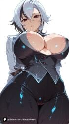 1girl ai_generated areola_slip arlecchino_(genshin_impact) arms_behind_back artist_name bangs black_eyes black_hair black_pants breasts cameltoe cleavage closed_mouth covered_nipples from_below fur_trim genshin_impact gloves hair_between_eyes hoyoverse large_breasts long_sleeves looking_at_viewer looking_down multicolored_hair pants patreon questionable red_pupils senpai_pixels short_hair simple_background solo streaked_hair sweat symbol-shaped_pupils thighs two-tone_hair wet white_background white_hair