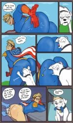 1boy ass ass_bite ass_biting big_ass big_butt biting biting_ass biting_butt blonde_hair blue_eyes bottomless butt butt_bite butt_biting comic dog fat_ass fat_butt feral fully_clothed homelander huge_ass huge_butt male male_only robot-seagull spanking spanking_ass spanking_butt spanking_marks spanking_own_butt superhero text text_bubble the_boys thick_ass thick_butt villain