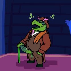 anthro balls boner custardalvis deltarune erection facial_hair gerson_boom gerson_boom_(deltarune) green_body green_skin laughing magenta_hair male male_only penis penis_out purple_hair scalie solo solo_male turtle undertale