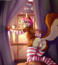 anthro anus arm_warmers armwear ass big_butt blush canine clothed clothing crossdressing fur girly husky legwear male mammal ni70 panties presenting presenting_hindquarters socks solo stockings thigh_highs underwear