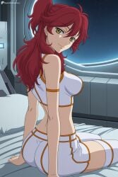 1girl ai_generated ass bed breasts crop_top digitalwaifugallery earrings freckles gundam_00 hi_res high_quality high_resolution jewelry long_hair looking_at_viewer looking_back medium_breasts midriff nena_trinity on_bed patreon pillow red_hair seductive sexy shorts sitting smile solo star_(sky) thighhighs two_side_up uncensored watermark white_shorts white_thighhighs yellow_eyes
