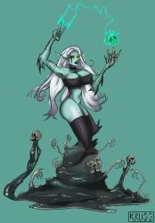 beautiful beautiful_female big_ass black_lipstick bones claws crop_top demon_girl demon_humanoid dungeons_and_dragons dungeons_and_dragons_(cartoon) elf_ears elf_female lips mage magic_user monster monster_girl necromancer purple_hair skull sludge small_waist sorceress tattoo tattoo_on_legs tattooed_arm tits undead undead_female white_hair