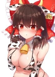 1girl 1girls animal_ears animal_print animal_print_bikini bare_shoulders bell big_breasts blush blush_lines blushing blushing_at_viewer blushing_female brown_hair cleavage collarbone collared cow_bell cow_ears cow_girl cow_horns cow_print cow_print_armwear cow_print_bikini cow_print_bra cow_print_gloves cowbell detached_collar ear_tag elbow_gloves embarrassed embarrassed_expression embarrassed_female fake_animal_ears fake_horns female female_focus female_only frilled_bow frilled_ribbon frills gloves hair_tubes hand_under_clothes hand_under_swimsuit hands_under_clothes hi_res high_quality high_resolution highres large_breasts long_gloves looking_at_viewer miko neck_bell open_mouth panties print_bikini print_gloves red_bow red_eyes red_ribbon reimu_hakurei short_hair sole_female solo solo_female solo_focus steam steamy_breath sweat sweatdrop swimsuit tied_hair tksand touhou underwear upper_body upper_body_focus upper_body_only wide_hips