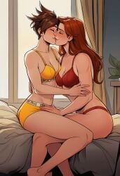 2girls ai_generated bare_shoulders barefoot bed blush body_freckles bra breasts brown_hair canon_couple cleavage closed_eyes clothes_writing clothing collarbone couple curtains emily_(overwatch) feet female freckles imminent_kiss indoors kiss lingerie long_hair medium_breasts multiple_girls navel on_bed orange_panties overwatch panties pantsu plant red_bra red_hair red_panties short_hair sitting sitting_on_person smile spiked_hair tracer underwear underwear_only window yellow_bra yellow_panties yuri