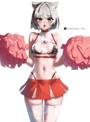 1girls animal_ears bikini_top blush blushing breakthrough_rr breasts cat_ears catgirl cheerleader cheerleader_uniform colored core_crystal core_crystal_(xenoblade) embarrassed grey_hair leggings medium_breasts mio_(xenoblade) monolith_soft navel nervous nintendo pom_poms see-through see-through_clothing short_skirt skirt sweat sweatdrop tagme thong xenoblade_(series) xenoblade_chronicles_3 yellow_eyes
