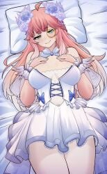 1girls 2d 2d_(artwork) aivy_lovencraft bed bedroom big_breasts female female_only flower_in_hair hispanic_virtual_youtuber indie_virtual_youtuber konanexe latam_virtual_youtuber light-skinned_female light_skin long_hair looking_at_viewer monocle pillow pink_hair smile smiling_at_viewer virtual_youtuber vtuber vtuberfanart wedding_dress