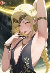 ai_generated arm_up armpit armpit_fetish bare_shoulders black_dress blonde_hair boy braid cleavage_cutout covered_nipples crossdressing elden_ring eyelashes fai_ai_ femboy femenine_male finger_on_lip flat_chest hand_behind_head hand_up long_hair looking_at_viewer male otoko_no_ko otokonoko queen_marika_the_eternal skinny slender_waist slim_waist yaoi yellow_eyes