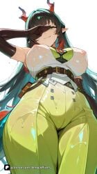 1girl ai_generated arknights arknights:_endfield arm_up armpits artist_name bangs belt black_gloves black_hair breasts closed_mouth colored_inner_hair covered_nipples dragon_horns elbow_gloves from_below gloves green_eyes horns large_breasts long_hair looking_at_viewer multicolored_hair nipples patreon pointy_ears questionable red_hair see-through senpai_pixels simple_background smile solo tail two-tone_hair wet wet_clothes white_background zhuang_fangyi_(arknights) zhuang_fangyi_(arknights:_endfield)