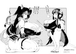 2girls age_regression aged_down animal_ears areola_slip areolae big_breasts breasts child_bearing_hips colored_inner_hair earrings erect_nipples facial_markings hair_ornament height_difference huge_ass huge_breasts katana kneeling kunoichi kunoichi_enrai kunoichi_shiden large_areolae large_nipples last_origin nipple_slip nipples puffy_nipples randoseru sandals scarf school_swimsuit smug standing thich_thighs thighhighs thighs tiger_ears tiger_tail wide_hips