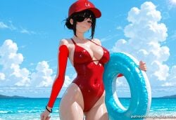 1girl ai_generated bangs bare_shoulders baseball_cap beach black_eyes black_hair blue_sky blush bracelet breasts cameltoe chainsaw_man cleavage closed_mouth cloud collarbone covered_navel cowboy_shot day detached_sleeves eyepatch hair_bun hat highleg highleg_swimsuit himeno_(chainsaw_man) holding holding_innertube innertube jewelry kermixx large_breasts looking_at_viewer ocean one-piece_swimsuit one_eye_covered outdoors patreon_username red_headwear red_one-piece_swimsuit shiny shiny_clothes shiny_skin short_hair single_hair_bun sky smile solo standing sun sunlight swimsuit thighs water wet