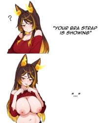 1girls ? artist_request big_breasts bra_strap_is_showing_(meme) breasts brown_hair clothed clothing color dialogue english_text female female_focus female_only flashing flashing_breasts light_skin looking_at_viewer meme multicolored_hair on_back orange_hair partially_clothed pink_nipples simple_background sinder_(vtuber) smile text tongue twitter_link virtual_youtuber vtuber white_background