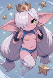1girl ai_generated areola_slip belly big_ears black_gloves blue_shirt blue_shorts blush clenched_hands closed_mouth dolphin_shorts fingerless_gloves full_body goblin gold_crown green_eyes hair_over_one_eye hands_up large_ears long_hair looking_at_viewer low-tied_long_hair micro_shorts navel noodle_jacuzzi petite pink_skin pinup skindentation sleeveless_shirt small_breasts smile solo star star_earrings star_pasties twintails very_long_hair white_gloves white_hair white_thighhighs