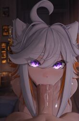 1boy 1girl 1girls 3d ai_generated demenishki female indie_virtual_youtuber indie_vtuber looking_at_viewer oral oral_penetration oral_sex orange_hair penis purple_eyes sucking tagme white_hair