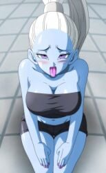 1girl 1girls ai_assisted angel black_shirt black_shorts dragon_ball dragon_ball_super edited_art girl_only looking_at_viewer mouth_open nail_polish only_girl only_woman open_mouth painted_nails shorts sitting strapless strapless_bra strapless_top strapless_topwear tongue tongue_out topwear vados white_hair woman woman_only yamamoto_doujin