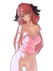 1girl arms_behind_back blue_eyes blush bottomless bow breasts censored cleavage commentary hair_ornament highres kamiina_botan kamiina_botan_yoeru_sugata_wa_yuri_no_hana lace lace-trimmed_tank_top lace_trim large_breasts looking_down mosaic_censoring nyunyuru panties pink_hair pink_tank_top pussy simple_background tank_top underwear white_background