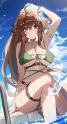 1girl 1girls absurdres ahoge big_breasts bikini bird blue_sky breasts brown_feathers brown_hair chest_strap cleavage commentary crossed_legs english_commentary eyewear_on_head feather_hair_ornament feathers female green_bikini grey_eyes hair_between_eyes hair_ornament harasaki heterochromia highres indie_virtual_youtuber jewelry kumi_(vtuber) large_breasts long_hair looking_at_viewer necklace orange-tinted_eyewear orange_eyes outdoors pointy_ears ponytail poolside scar scar_across_eye scar_on_face sitting sky smile solo sunglasses swimsuit thigh_strap thighs tinted_eyewear tits virtual_youtuber vtuber wet