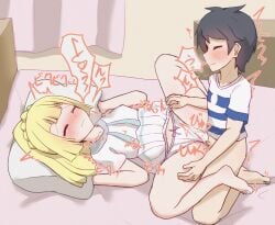 1boy 1girls blonde_hair blush clothed clothed_sex creampie cum cum_in_pussy cum_inside elio_(pokemon) female jeo2 lillie_(pokemon) nintendo panties panties_aside penetration penis pillow pillow_grab pokemon pokemon_sm sex