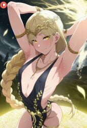 ai_generated arched_back armpit_fetish armpits bare_shoulders black_dress blonde_hair boy braid cleavage_cutout crossdressing elden_ring eyelashes fai_ai_ femboy femenine_male flat_chest hands_behind_head long_hair looking_at_viewer male otoko_no_ko otokonoko presenting_armpit queen_marika_the_eternal sexy_armpits skinny slender_waist slim_waist smile smirk standing yaoi yellow_eyes