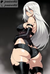 1girl 1girls a2_(nier:automata) ai_generated android armlet artist_name ass ass_focus back bare_shoulders black_gloves black_shorts black_thighhighs blue_eyes breasts closed_mouth clothing elbow_gloves female female_only from_behind gloves grey_eyes hair_between_eyes huge_ass jennieart02 joints large_breasts legwear light-skinned_female light_skin long_hair looking_at_viewer looking_back mole mole_under_mouth nier:_automata nier_(series) patreon patreon_logo patreon_username robot_joints short_shorts shorts skindentation solo solo_female standing steaming_body sweat thick_thighs thighhighs thighs torn_clothes twitter twitter_username underbutt watermark web_address white_hair wide_hips yorha_a2