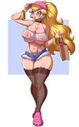 1girls alternate_breast_size bare_arms bare_shoulders big_breasts blonde_hair blue_eyes breasts busty choker cleavage clothing earrings female female_only huge_breasts large_breasts lipstick long_hair looking_away mario_(series) nintendo nipple_piercing nipples pink_lipstick princess_peach see-through see-through_clothing short_shorts shorts simmsy simple_background solo spaghetti_strap thick_lips thick_thighs thighhighs tight_clothing white_background wide_hips