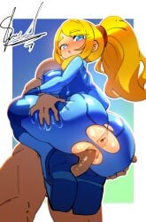 1boy 1boy1girl 1girls asshole asshole_focus blue_eyes bodysuit dark-skinned_male dark_skin faceless_male grabbing grabbing_ass grabbing_from_behind gt_animates holding holding_legs lifting lifting_person looking_at_viewer looking_back metroid naked_male nintendo partially_clothed penis penis_in_pussy ponytail pussy ripped_clothing samus_aran sweat sweatdrop zero_suit_samus