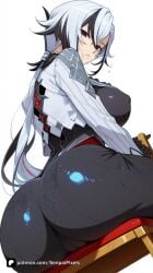 1girl ai_generated arlecchino_(genshin_impact) artist_name ass ass_focus bangs black_eyes black_hair breasts cameltoe closed_mouth covered_nipples from_behind fur_trim genshin_impact gloves hair_between_eyes hoyoverse huge_ass large_breasts long_hair long_sleeves looking_at_viewer looking_back multicolored_hair pants patreon ponytail questionable red_pupils senpai_pixels simple_background sitting solo streaked_hair symbol-shaped_pupils two-tone_hair white_background white_hair x-shaped_pupils