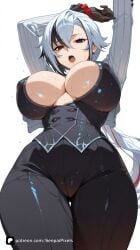 1girl ai_generated arlecchino_(genshin_impact) arms_up artist_name bangs black_eyes black_gloves black_hair black_pants breasts cameltoe cleavage covered_nipples from_below fur_trim genshin_impact gloves hair_between_eyes hoyoverse large_breasts long_hair long_sleeves looking_at_viewer looking_down multicolored_hair open_mouth pants patreon questionable red_pupils senpai_pixels short_hair simple_background solo streaked_hair sweat symbol-shaped_pupils thighs two-tone_hair white_background white_hair x-shaped_pupils