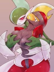 1boy 1girl arm_blade behind_another bisharp blush breasts claw_pose colored_skin commentary_request cowboy_shot drooling facing_to_the_side gallade green_hair green_skin grey_background grey_skin groping hair_over_one_eye half-closed_eyes hands_on_another's_chest hands_up head_tilt helmet highres interspecies large_breasts leaning_on_person looking_at_another mohawk molestation nipples open_mouth partial_humanization pokemon pokemon_(creature) red_eyes red_helmet red_trim saliva shoulder_pads sitting sitting_on_lap sitting_on_person tearing_up thick_thighs thighs umi-be-to weapon white_skin wide_hips