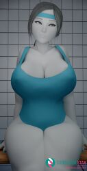1girl 3d bare_shoulders black_hair blue_headband blue_leotard blue_nails bottomless breasts cleavage colored_skin covered_nipples curvy female grey_eyes grey_hair grey_skin headband huge_breasts large_breasts legs_together leotard looking_to_the_side nail_polish one-piece_swimsuit pale_skin short_hair sitting solo tank_top thick_thighs thighs tile_wall tiles web_address white_skin wide_hips wii_fit wii_fit_trainer wii_fit_trainer_(female) zat