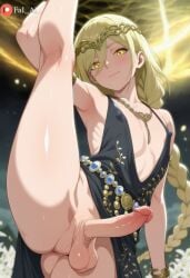 ai_generated balls bare_shoulders black_dress blonde_hair boy braid cleavage_cutout crossdressing elden_ring exposed_penis eyelashes fai_ai_ femboy femenine_male flat_chest flexible from_below leg_up long_hair looking_at_viewer male otoko_no_ko otokonoko penis presenting_penis queen_marika_the_eternal skinny slender_waist slim_waist solo_focus standing standing_on_one_leg standing_split yaoi yellow_eyes