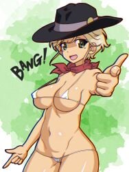 1girls bandana_on_neck black_cowboy_hat blonde_hair cowboy_hat english_text finger_gun girls_und_panzer green_eyes jane_(girls_und_panzer) looking_at_viewer mouth_open smile smiling_at_viewer text tiny_bikini white_bikini