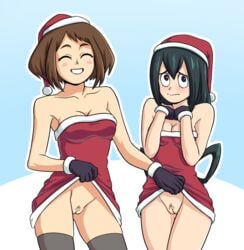 2girls alternate_costume assisted_exposure bare_arms bare_legs bare_shoulders black_eyes black_hair blue_background blush blush_stickers boku_no_hero_academia breasts brown_hair christmas cleavage clenched_hands clenched_teeth closed_eyes closed_mouth collarbone dress dress_lift embarrassed female female_only gloves grey_legwear grin hair_ornament hands_on_own_chest hands_up hat innie_pussy legs long_hair looking_at_viewer medium_breasts multiple_females multiple_girls my_hero_academia neck no_panties ochako_uraraka pubic_hair pussy red_dress red_headwear santa_costume santa_hat short_hair shy side-by-side small_breasts smile standing strapless strapless_dress suoiresnu teeth thighhighs tsuyu_asui tube_dress uncensored