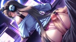 1boy 1girl amakano_3 animal_ear_headphones animal_ears ass black_hair blue_eyes blue_shirt blush breasts cat_ear_headphones cat_ears censored clothes_lift clothing_aside dutch_angle erection fake_animal_ears from_behind game_asset headphones hetero highres imminent_penetration indoors long_hair looking_back monitor mosaic_censoring off-shoulder_shirt off_shoulder ootori_sayumi open_mouth panties panties_aside penis pink_panties piromizu precum shirt sitting skirt skirt_lift solo_focus speaker sweat underwear very_long_hair