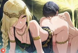 2boys ai_generated all_fours anilingus arched_back ass_up bare_shoulders black_dress blonde_hair boy braid cleavage_cutout crossdressing elden_ring exposed_ass exposed_nipples exposed_penis eyelashes face_between_ass fai_ai_ femboy femenine_male flat_chest gay licking_ass long_hair looking_back male otoko_no_ko otokonoko queen_marika_the_eternal rimjob skinny slender_waist slim_waist standing yaoi yellow_eyes