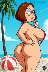 1girl ai_generated ass ball beach beachball blue_sky breasts brown_hair cloud day family_guy glasses hand_on_hip hi_res high_resolution highres large_breasts looking_at_viewer looking_back meg_griffin neuralcrafter outdoors palm_tree round_eyewear short_hair sideboob sky slingshot_swimsuit solo swimsuit tree
